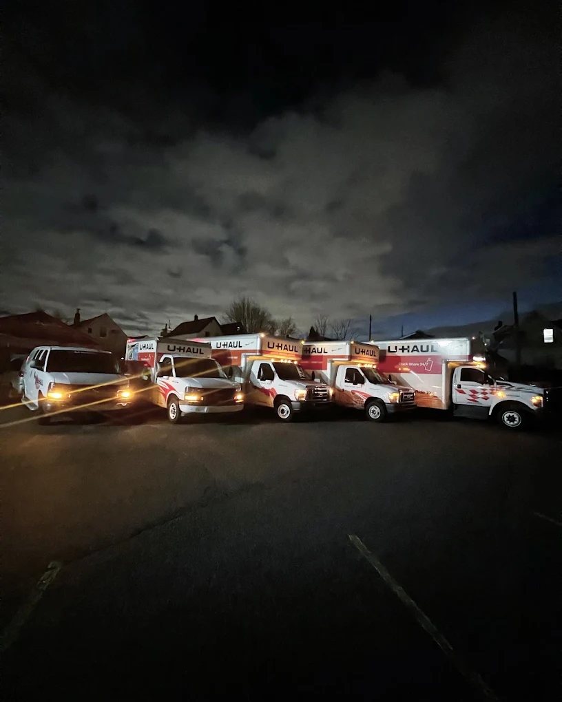 The Stevens Auto U-Haul fleet lined up at night